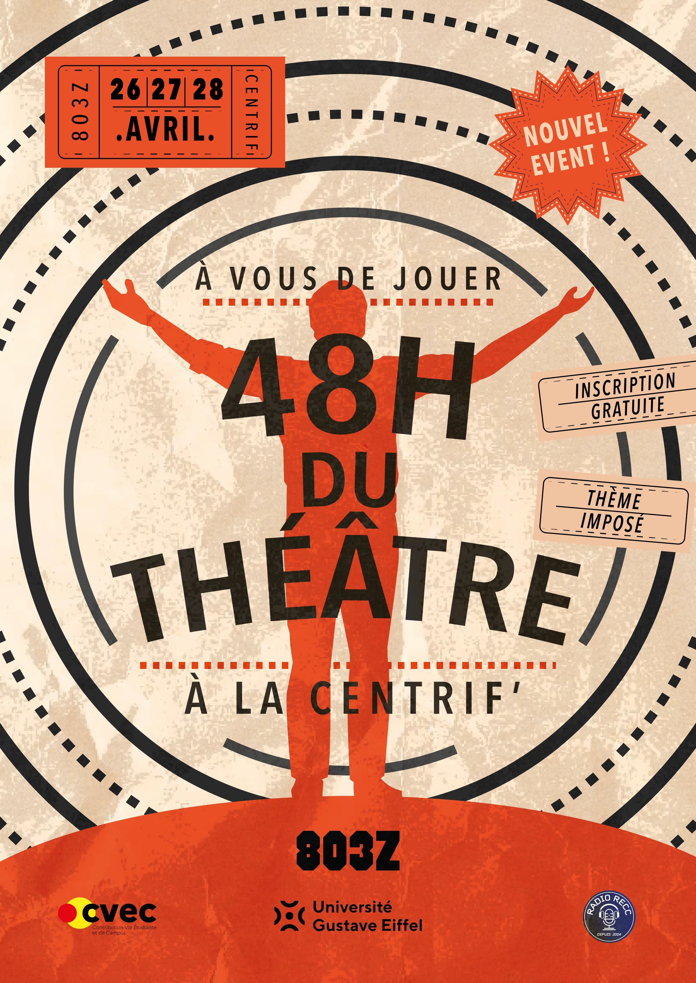 Affiche des 48h du Théâtre : une silhouette orange, bras écartés, sur des cercles de cible