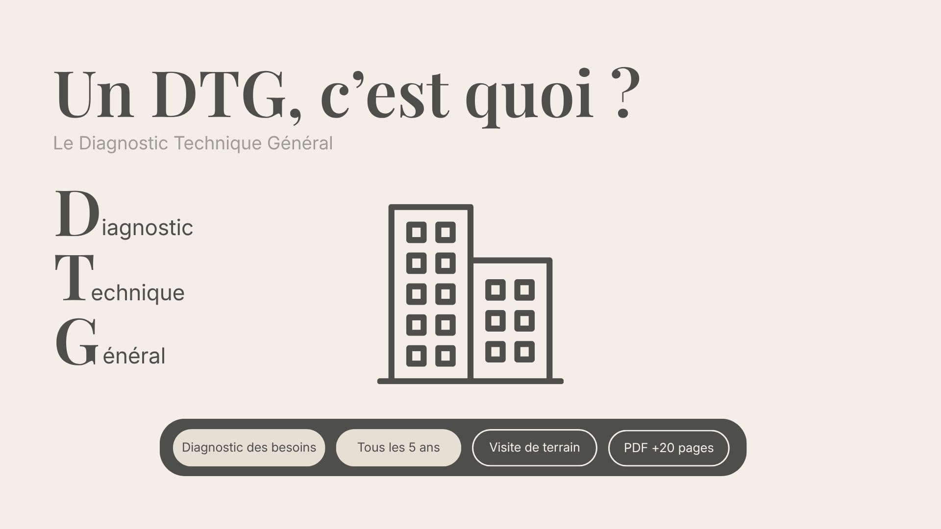 Un DTG, c'est quoi ? Le Diagnostic Technique Général : diagnostic des besoins, tous les 5 ans, visite de terrain, PDF de plus de 20 pages