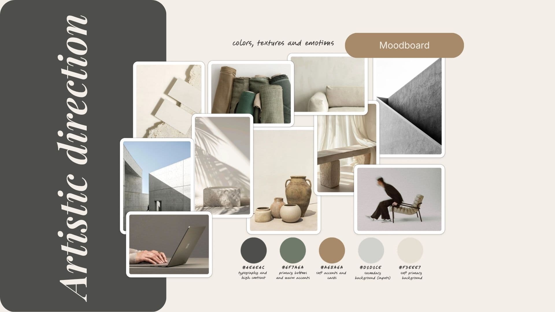Moodboard de la direction artistique : textures de béton, de lin et de poterie, et la palette de cinq couleurs, du gris anthracite au blanc cassé