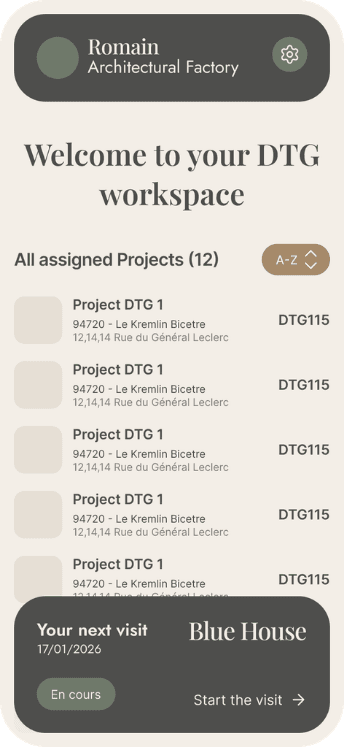 Espace DTG : la liste des projets assignés et la prochaine visite prévue