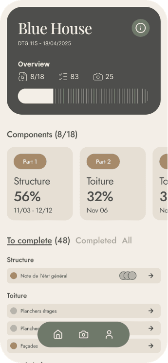 Vue d'un immeuble : avancement de chaque composant et tâches restantes, par lot