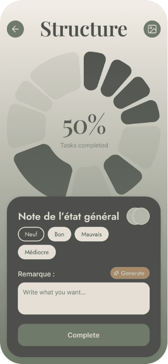 Lot Structure à 50 % : note de l'état général, avec un champ de remarque et un bouton Generate