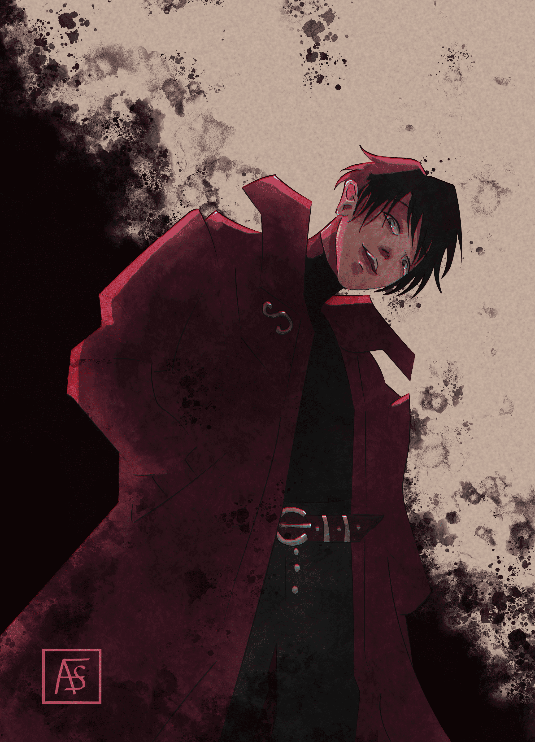 Arsenius en long manteau rouge, sur un fond d'éclaboussures d'encre noire