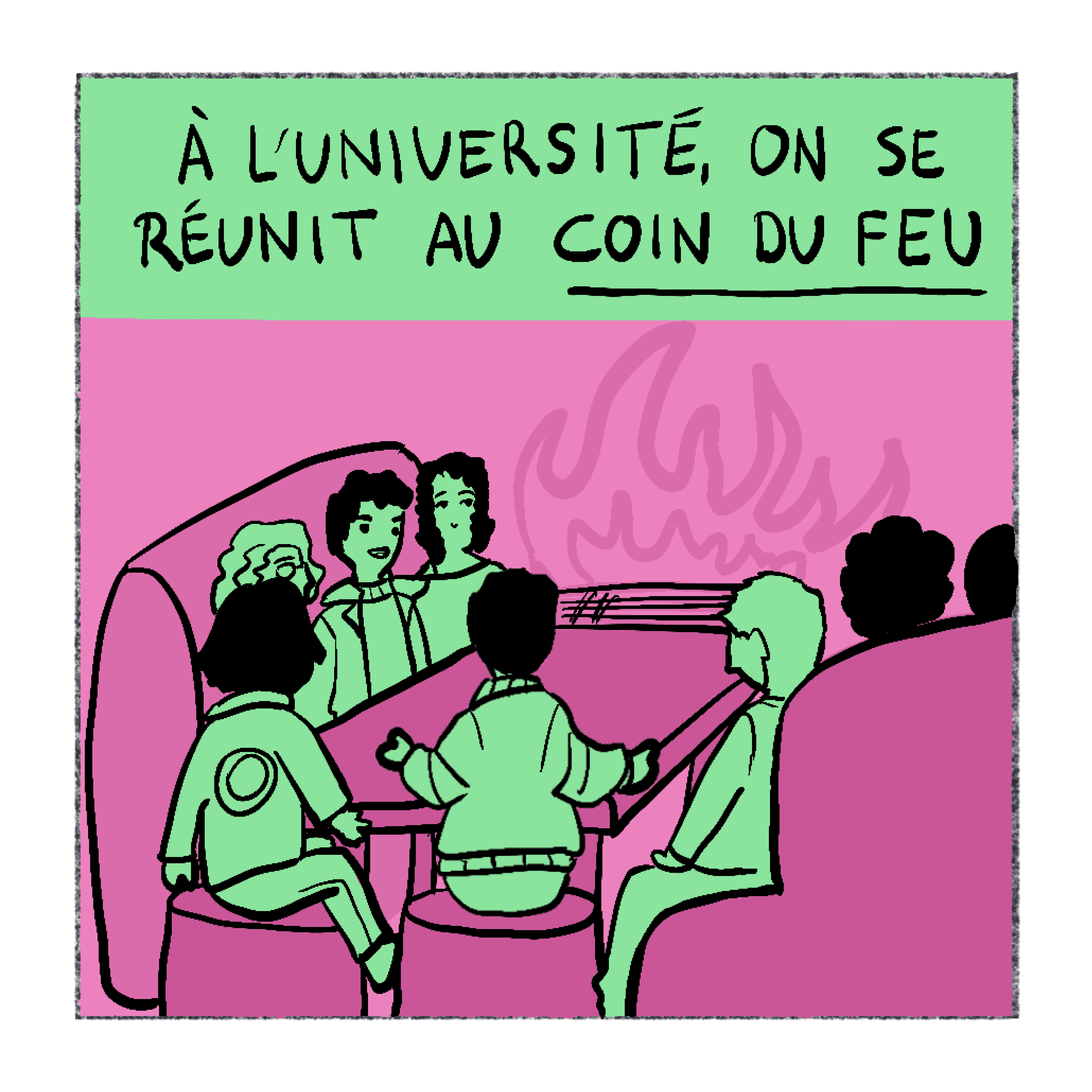 Récitatif : À l'université, on se réunit au coin du feu. Des amis assis autour d'une table, un feu dessiné derrière eux.