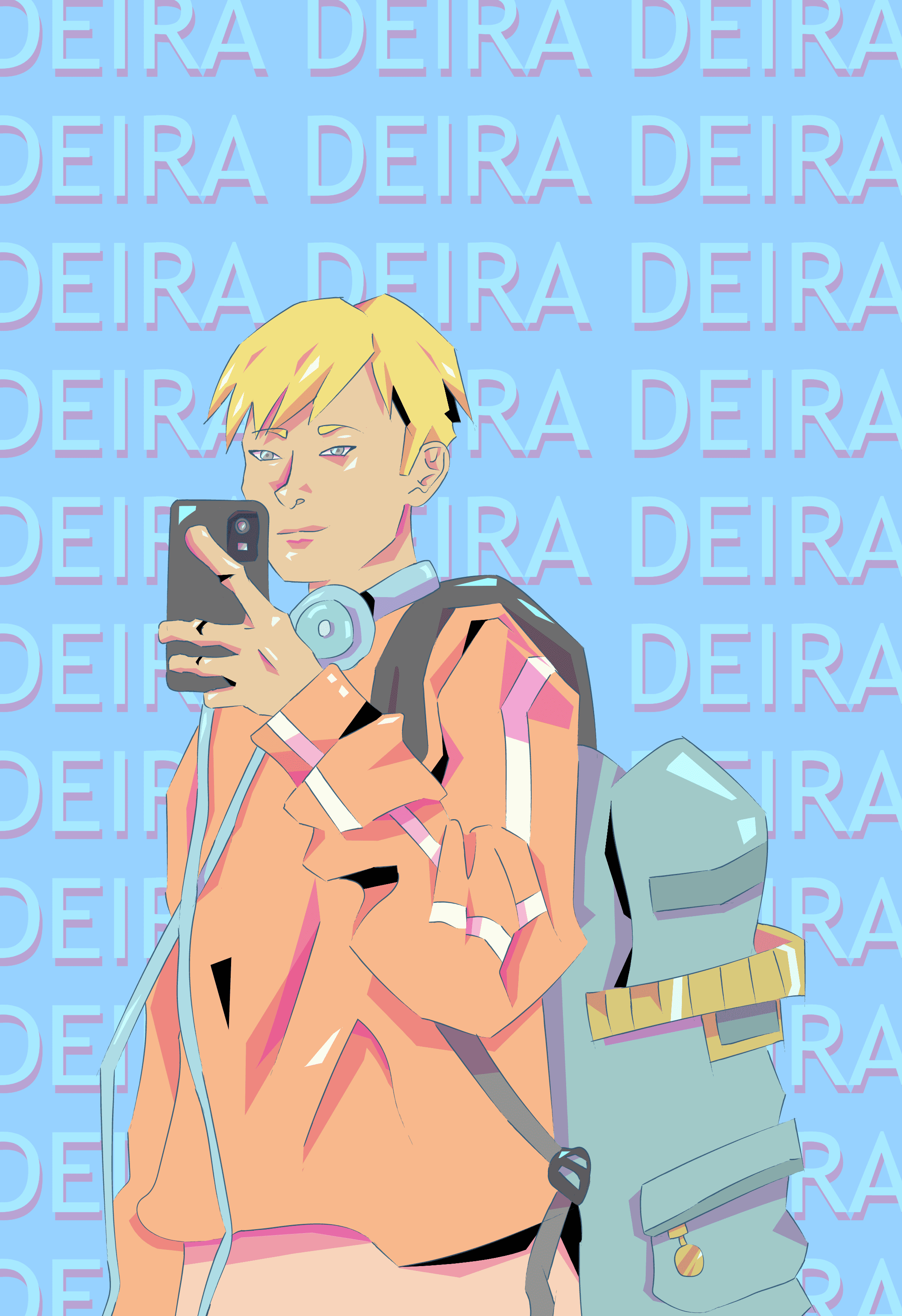 Deira, blond, prend un selfie dans le miroir en veste orange, sur un motif de son nom