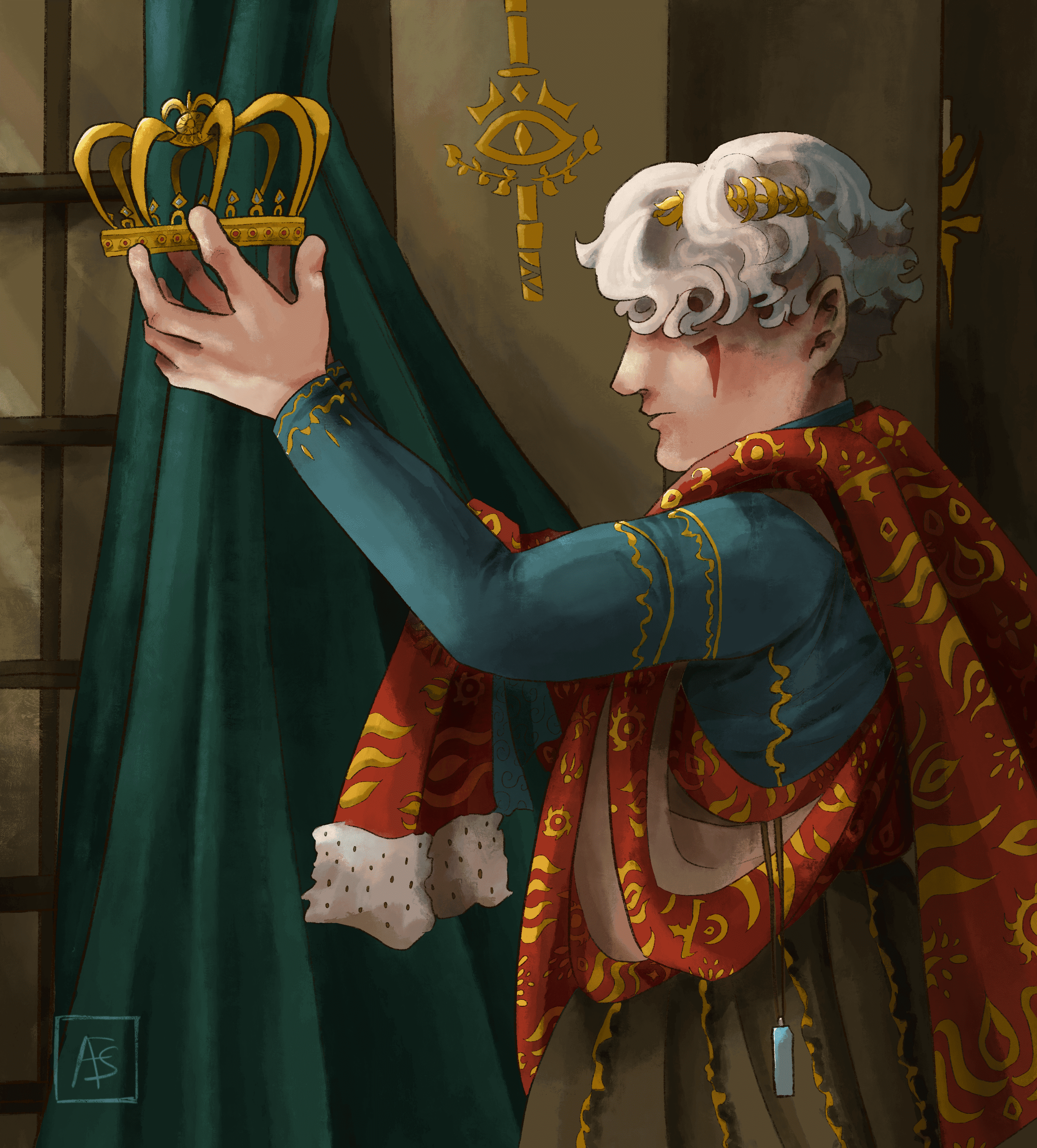 Un personnage aux cheveux blancs, en écharpe rouge et or, soulève une couronne près d'un rideau vert