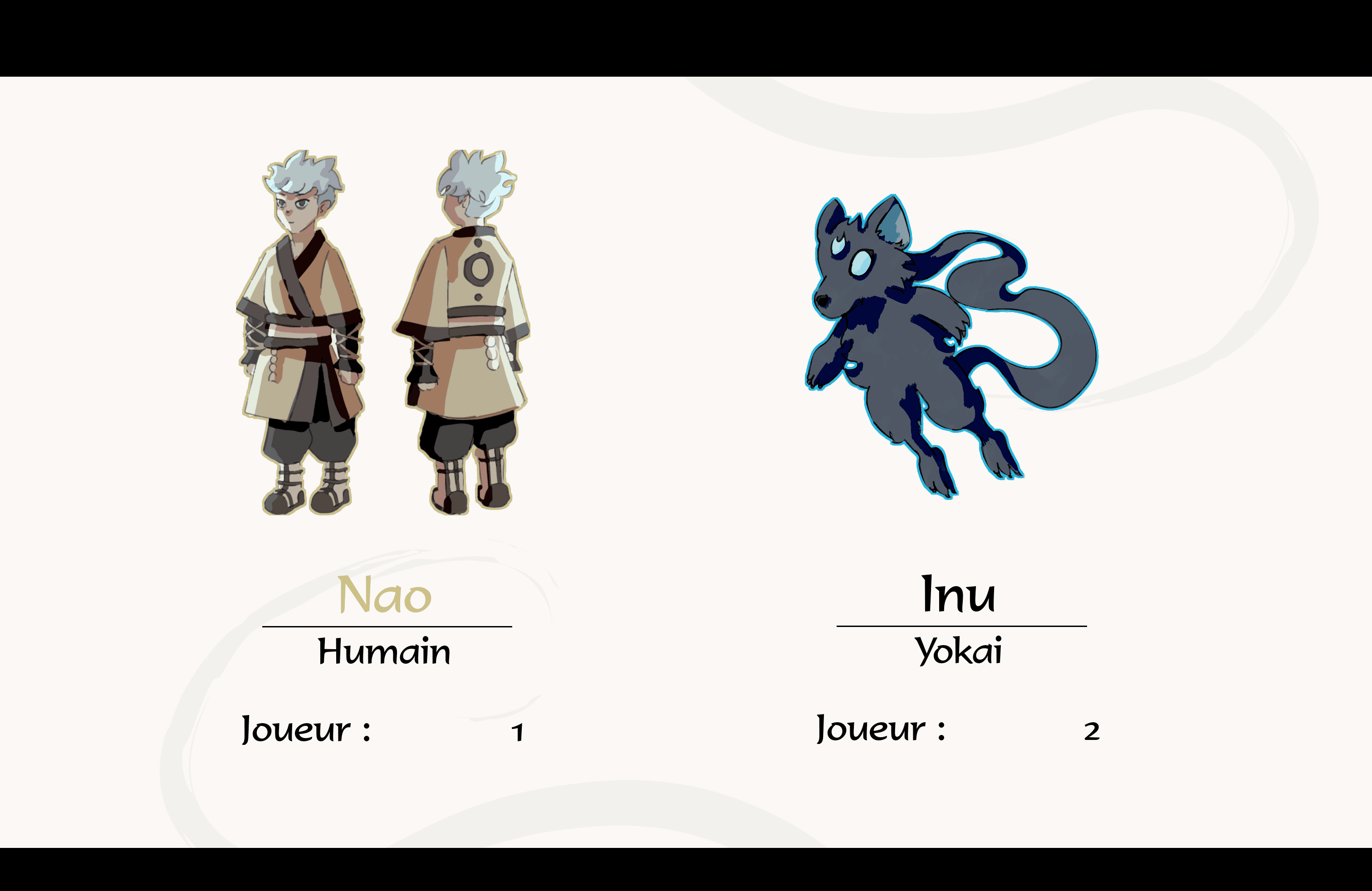 Écran de sélection des joueurs : Nao l'humain et Inu le yokai
