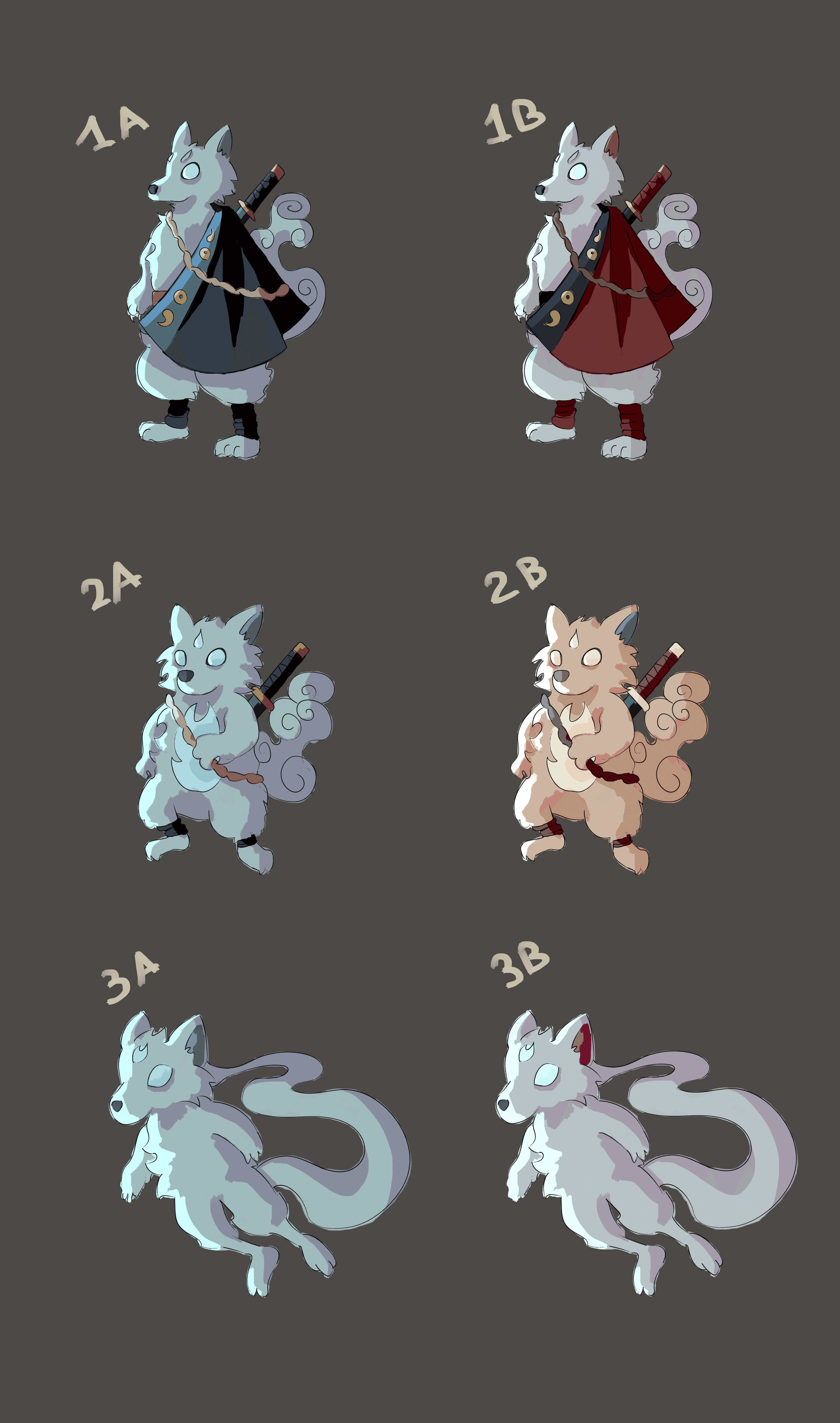 Planche de personnage : six variantes de couleurs de l'inugami