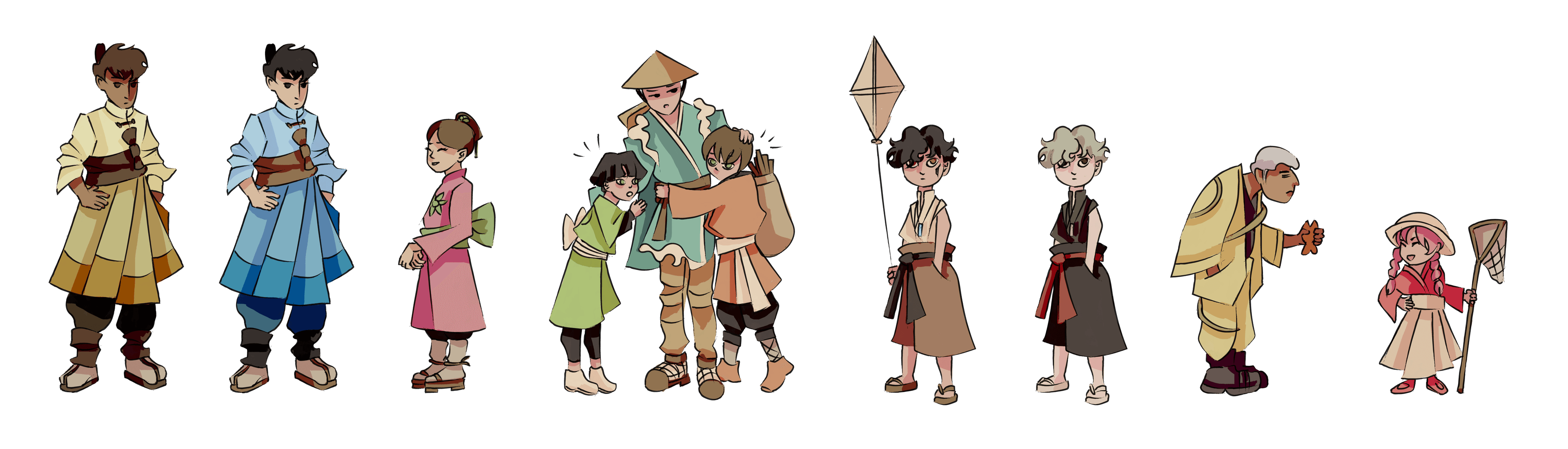 Les personnages du village, alignés