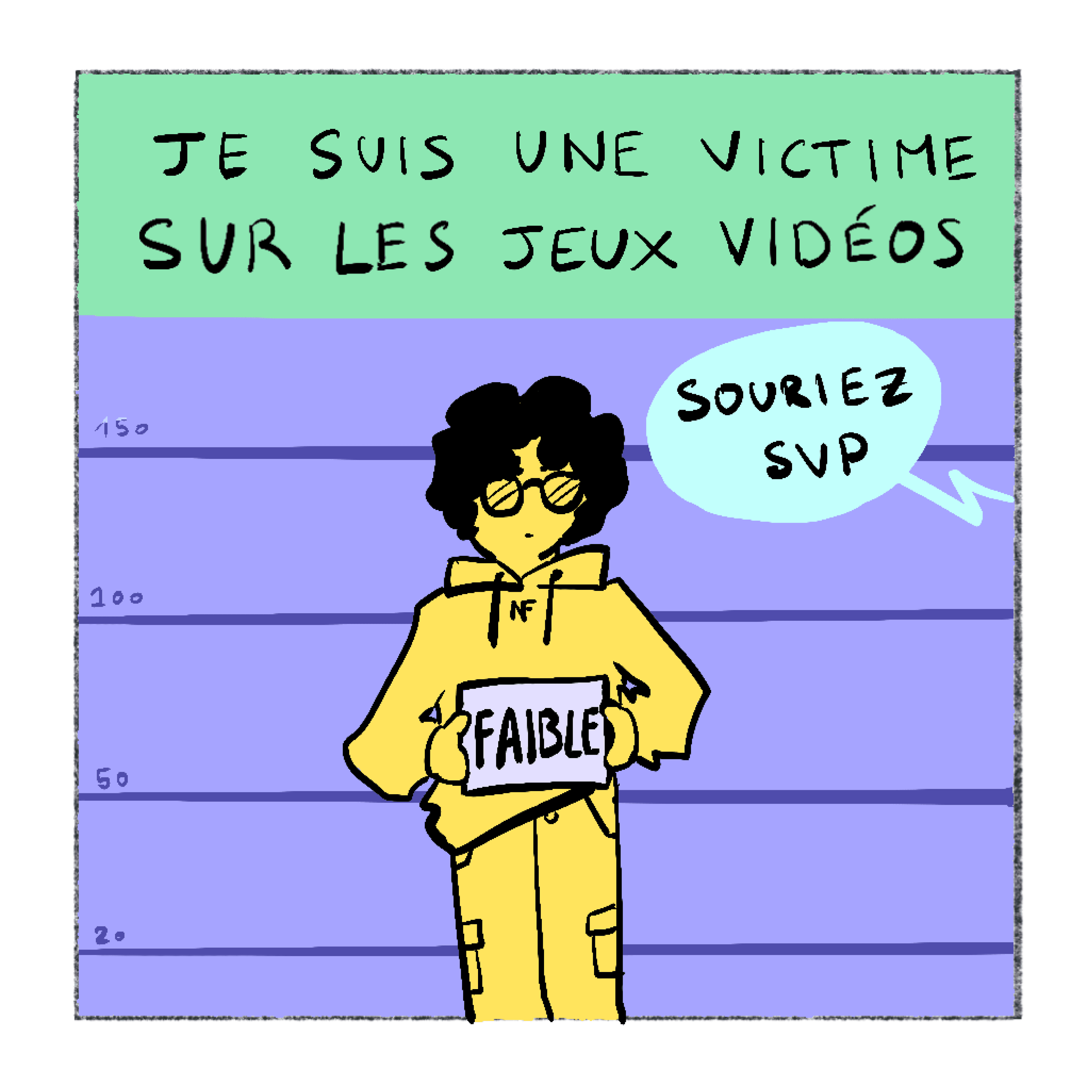 Récitatif : Je suis une victime sur les jeux vidéo. Photo d'identité judiciaire de moi, une pancarte FAIBLE à la main. Hors champ : Souriez svp.