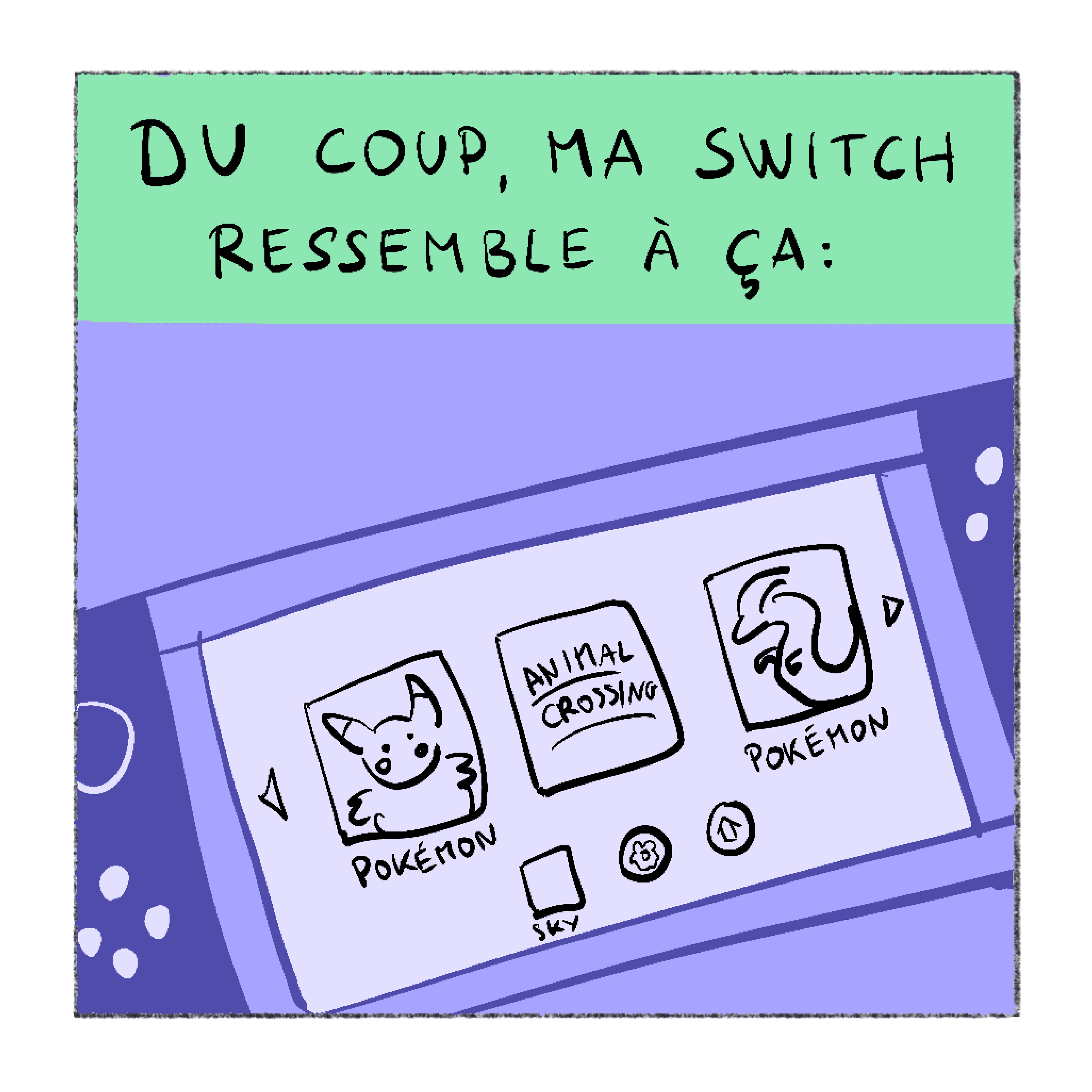 Récitatif : Du coup, ma Switch ressemble à ça : Le menu des jeux n'affiche que Pokémon, Animal Crossing, Pokémon et Sky.