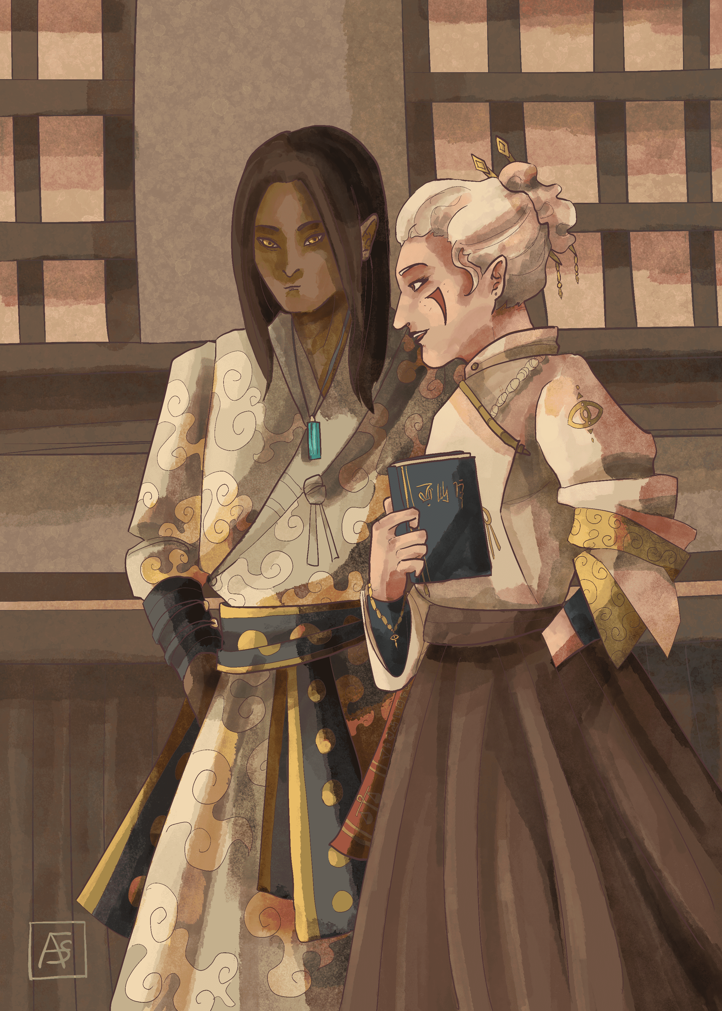 Layla et Akiro en robes brodées, côte à côte, un livre à la main