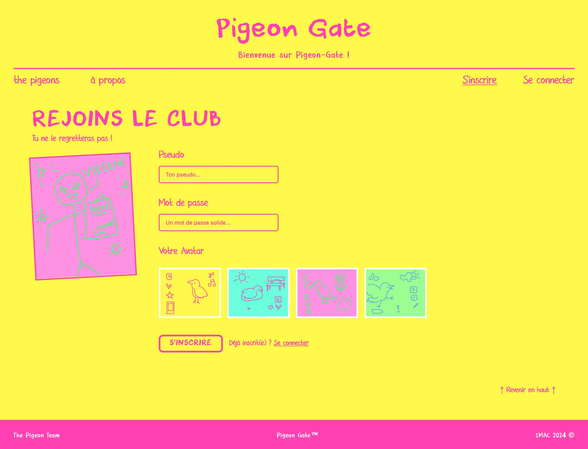 Page d'inscription de Pigeon Gate